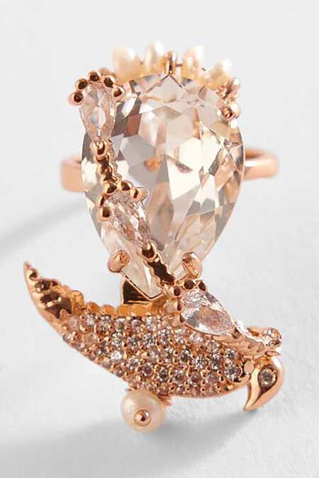 Shop Outhouse Pink Crystals, Cut Work, Pearls Le Merina Bird Shaped Ring at Aza Fashions Shop_Outhouse_Pink Crystals, Cut Work, Pearls Le Merina Bird Shaped Ring _at_Aza_Fashions