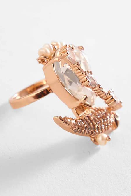 Outhouse Pink Crystals, Cut Work, Pearls Le Merina Bird Shaped Ring Online at Aza Fashions Outhouse_Pink Crystals, Cut Work, Pearls Le Merina Bird Shaped Ring _Online_at_Aza_Fashions
