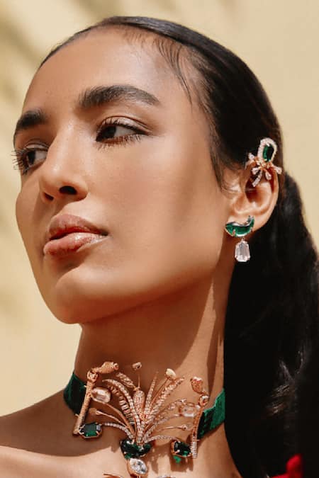 Shop_Outhouse_Gold Plated Cut Work, Crystals, Pearls Le Cleo Drop Earrings _at_Aza_Fashions