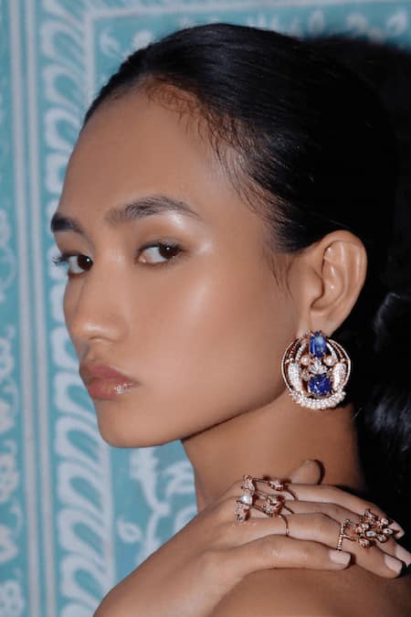 Shop Outhouse Gold Plated Cut Work, Crystals Le Palmetto Embellished Earrings at Aza Fashions Shop_Outhouse_Gold Plated Cut Work, Crystals Le Palmetto Embellished Earrings _at_Aza_Fashions