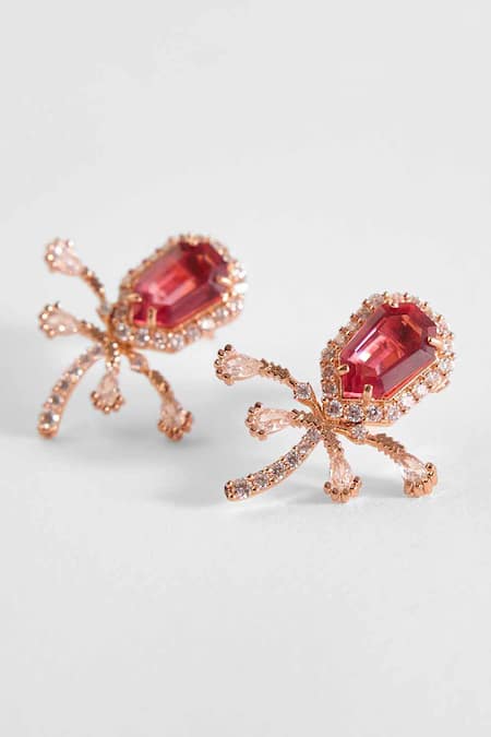 Shop_Outhouse_Pink Crystals, Cut Work, Diamonds The Faena Rose Shaped Earrings _at_Aza_Fashions