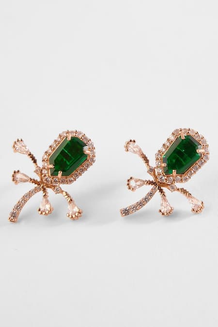 Emerald Carved Stone Kundan Flower Stud Earring  Putstyle