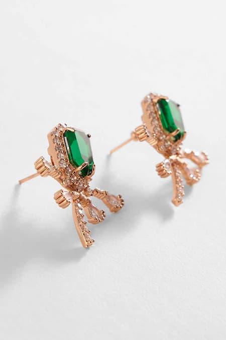 Shop Outhouse Green Cut Work, Crystals, Pearls The Faena Stud Earrings at Aza Fashions Shop_Outhouse_Green Cut Work, Crystals, Pearls The Faena Stud Earrings _at_Aza_Fashions
