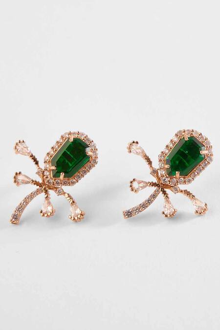 Outhouse Green Cut Work, Crystals, Pearls The Faena Stud Earrings Online at Aza Fashions Outhouse_Green Cut Work, Crystals, Pearls The Faena Stud Earrings _Online_at_Aza_Fashions