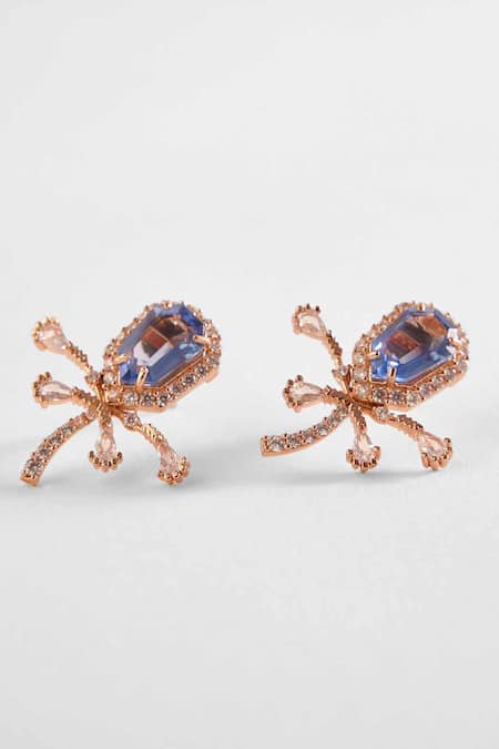 Outhouse Blue Cut Work, Crystals, Pearls The Faena Flower Shaped Stud Earrings Online at Aza Fashions Outhouse_Blue Cut Work, Crystals, Pearls The Faena Flower Shaped Stud Earrings _Online_at_Aza_Fashions