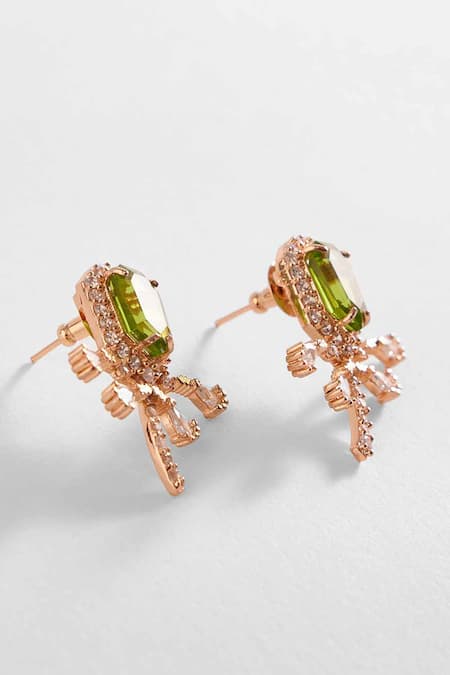 Shop Outhouse Green Crystals, Cut Work, Pearls The Faena Royal Palm Shaped Stud Earrings at Aza Fashions Shop_Outhouse_Green Crystals, Cut Work, Pearls The Faena Royal Palm Shaped Stud Earrings _at_Aza_Fashions