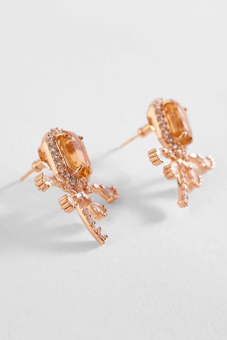 Shop Outhouse Yellow Cut Work, Crystals, Pearls The Faena Royal Palm Shaped Stud Earrings at Aza Fashions Shop_Outhouse_Yellow Cut Work, Crystals, Pearls The Faena Royal Palm Shaped Stud Earrings _at_Aza_Fashions