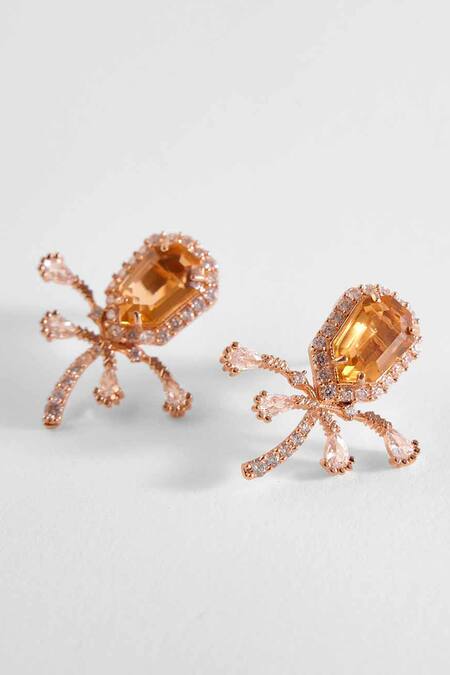 Outhouse Yellow Cut Work, Crystals, Pearls The Faena Royal Palm Shaped Stud Earrings Online at Aza Fashions Outhouse_Yellow Cut Work, Crystals, Pearls The Faena Royal Palm Shaped Stud Earrings _Online_at_Aza_Fashions