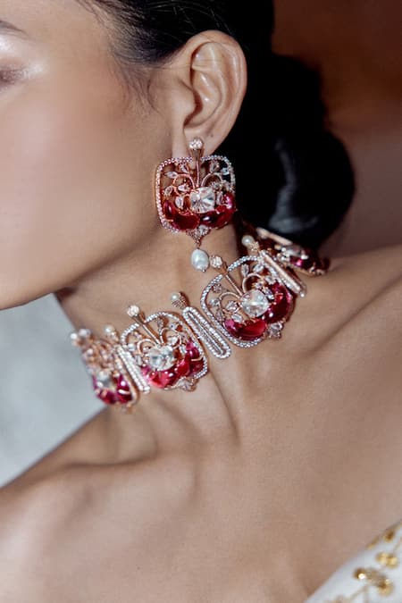 Shop Outhouse Pink Crystals, Cut Work Le Praia Pearl Embellished Earrings at Aza Fashions Shop_Outhouse_Pink Crystals, Cut Work Le Praia Pearl Embellished Earrings _at_Aza_Fashions