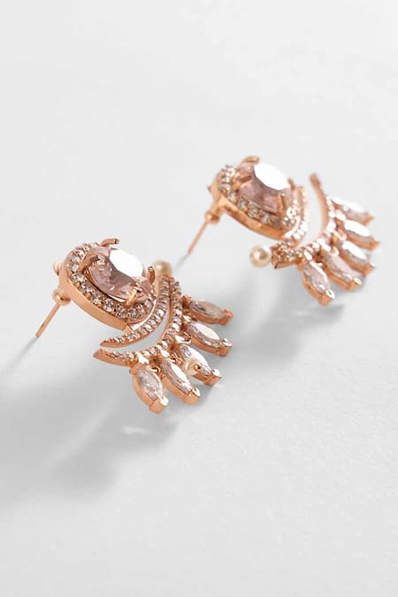 Shop Outhouse Pink Crystals, Cut Work The Seine Pearl Embellished Stud Earrings at Aza Fashions Shop_Outhouse_Pink Crystals, Cut Work The Seine Pearl Embellished Stud Earrings _at_Aza_Fashions