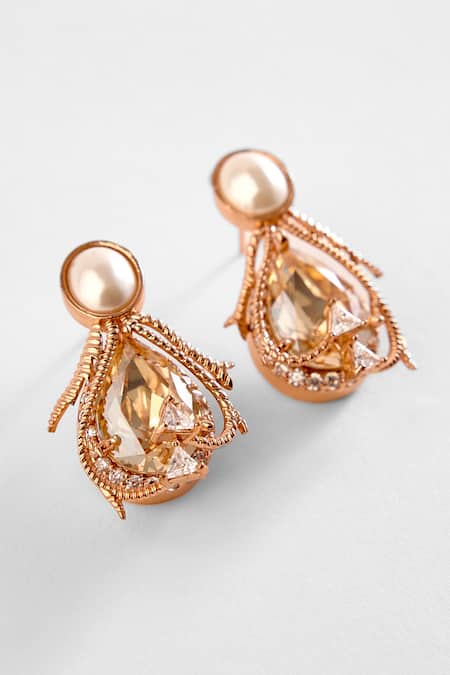 Shop Outhouse Pink Cut Work, Crystals The Paloma Pearl Embellished Stud Earrings at Aza Fashions Shop_Outhouse_Pink Cut Work, Crystals The Paloma Pearl Embellished Stud Earrings _at_Aza_Fashions