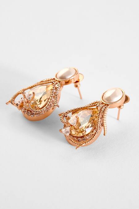 Outhouse Pink Cut Work, Crystals The Paloma Pearl Embellished Stud Earrings Online at Aza Fashions Outhouse_Pink Cut Work, Crystals The Paloma Pearl Embellished Stud Earrings _Online_at_Aza_Fashions
