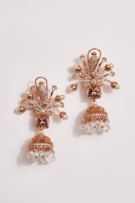 Shop Outhouse Gold Plated Crystals, Pearls The Majesty Jhumka Earrings at Aza Fashions Shop_Outhouse_Gold Plated Crystals, Pearls The Majesty Jhumka Earrings _at_Aza_Fashions