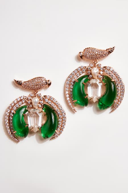 Shop Outhouse Gold Plated Crystals, Cut Work, Le Palmier Carved Stone Embellished Earrings at Aza Fashions Shop_Outhouse_Gold Plated Crystals, Cut Work, Le Palmier Carved Stone Embellished Earrings _at_Aza_Fashions