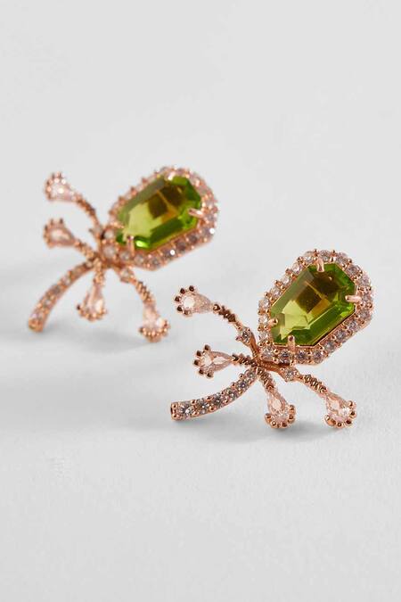 Outhouse Green Crystals, Cut Work, Pearls The Faena Royal Palm Shaped Stud Earrings Online at Aza Fashions Outhouse_Green Crystals, Cut Work, Pearls The Faena Royal Palm Shaped Stud Earrings _Online_at_Aza_Fashions