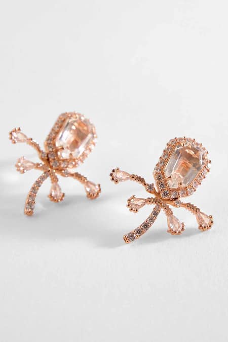 Shop Outhouse Pink Cut Work, Crystals, Pearls The Faena Carved Stone Embellished Stud Earrings at Aza Fashions Shop_Outhouse_Pink Cut Work, Crystals, Pearls The Faena Carved Stone Embellished Stud Earrings _at_Aza_Fashions