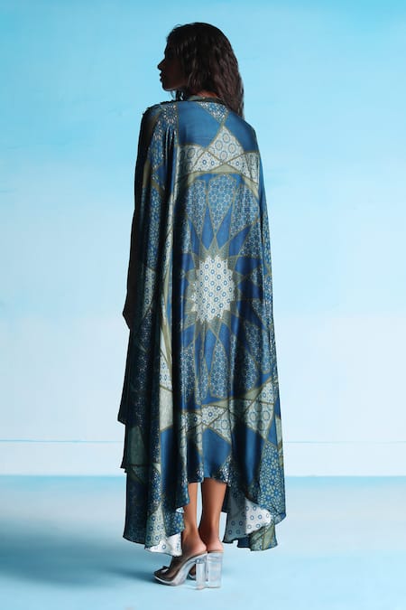 Studio Radical_Blue Silk Satin Beads, Embroidery Mandarin Collar Printed And Trapeze Tunic _Online_at_Aza_Fashions