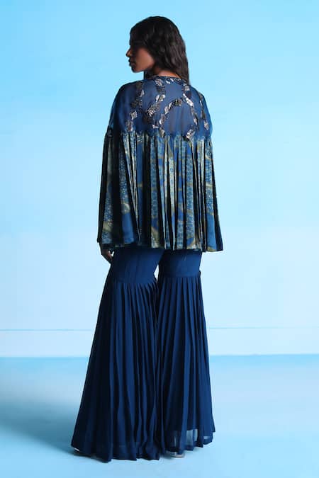 Studio Radical_Blue Crepe, Georgette Beads Round Neck, Hand Embroidered Cape Pleated Pant Set _Online_at_Aza_Fashions