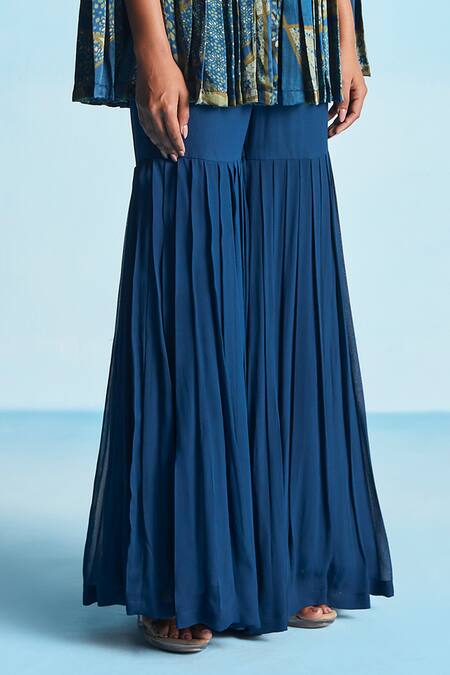 Buy Studio Radical Blue Crepe, Georgette Beads Round Neck, Hand Embroidered Cape Pleated Pant Set Online at Aza Fashions Buy_Studio Radical_Blue Crepe, Georgette Beads Round Neck, Hand Embroidered Cape Pleated Pant Set _Online_at_Aza_Fashions