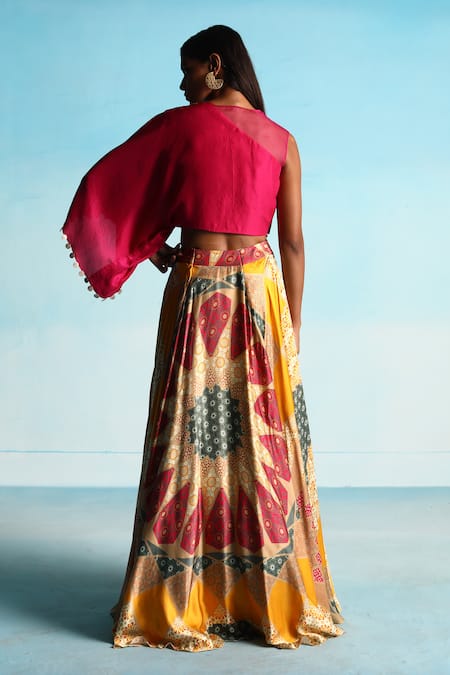 Studio Radical_Pink Silk Embroidery Asymmetric Top And Printed Lehenga Set _Online_at_Aza_Fashions