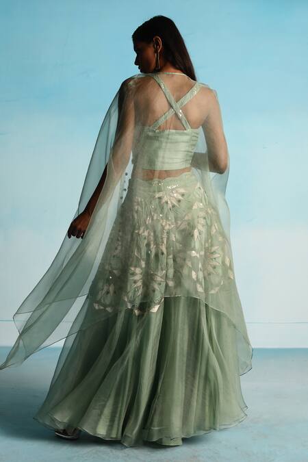 Studio Radical_Green Organza, Silk Beads Sweetheart Neck Border Embroidered Cape Lehenga Set _Online_at_Aza_Fashions
