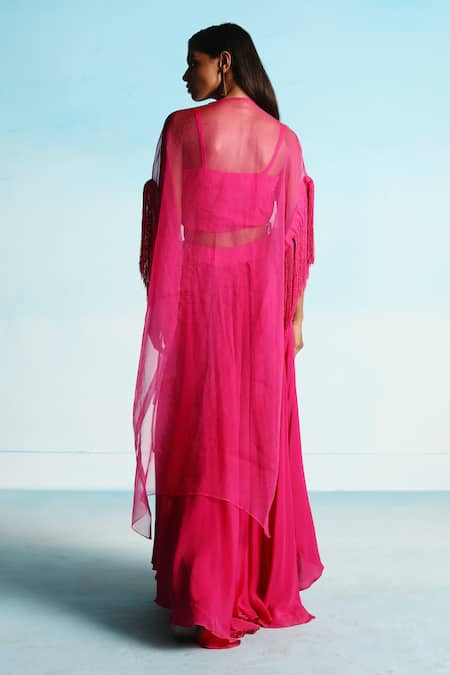 Studio Radical_Pink Crepe, Organza Embroidery, Fringe Square Neck Cape Flared Pant Set _Online_at_Aza_Fashions