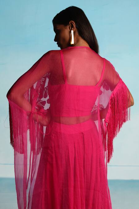 Buy_Studio Radical_Pink Crepe, Organza Embroidery, Fringe Square Neck Cape Flared Pant Set _Online_at_Aza_Fashions