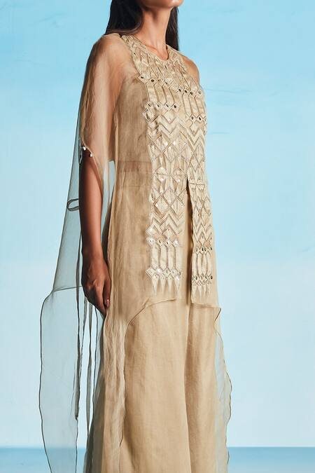 Studio Radical Beige Organza, Crepe Embroidery Round Neck Cape Flared Pant Set Online at Aza Fashions Studio Radical_Beige Organza, Crepe Embroidery Round Neck Cape Flared Pant Set _Online_at_Aza_Fashions