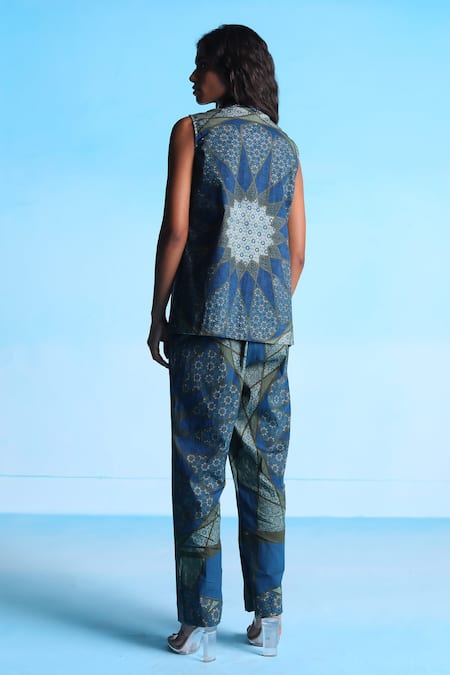 Studio Radical_Blue Crepe, Cotton Beads Bandeau Neck, Collared Printed Jacket Pant Set _Online_at_Aza_Fashions