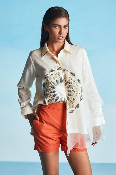 Studio Radical_White Cotton, Organza Embroidery Collared Morrocan Applique Shirt And Shorts Set_Online_at_Aza_Fashions