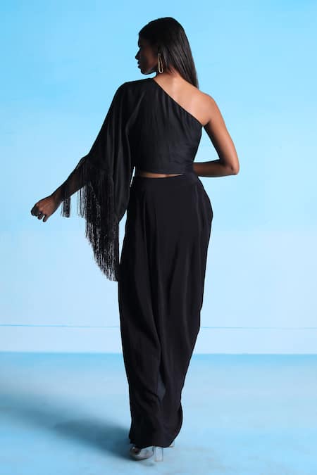 Studio Radical_Black Silk, Crepe Fringe One Shoulder Solid Crop Top And Skirt Set _Online_at_Aza_Fashions