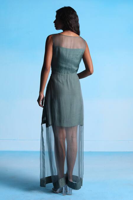 Studio Radical_Green Organza Beads Round Neck Embroidered Slit Dress _Online_at_Aza_Fashions