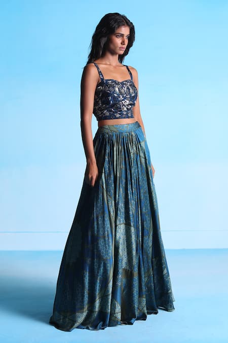 Studio Radical Blue Bustier  100% Pure Silk Printed Marrakech Hand Embroidered And Lehenga Set 