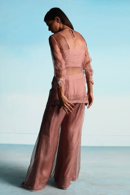 Studio Radical_Pink Organza, Crepe Beads Round Neck Hand Embroidered Kurta Pant Set _Online_at_Aza_Fashions