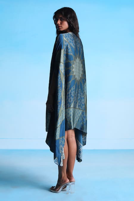 Shop_Studio Radical_Blue Cotton, Silk Satin Sweetheart Neck Printed Cape Shorts Set_at_Aza_Fashions