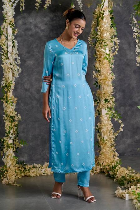 Buy_Gulaal_Blue Modal, Satin Gota Patti V-neck Bandhani Pattern Kurta Pant Set_Online_at_Aza_Fashions