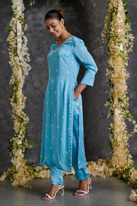 Shop_Gulaal_Blue Modal, Satin Gota Patti V-neck Bandhani Pattern Kurta Pant Set_Online_at_Aza_Fashions