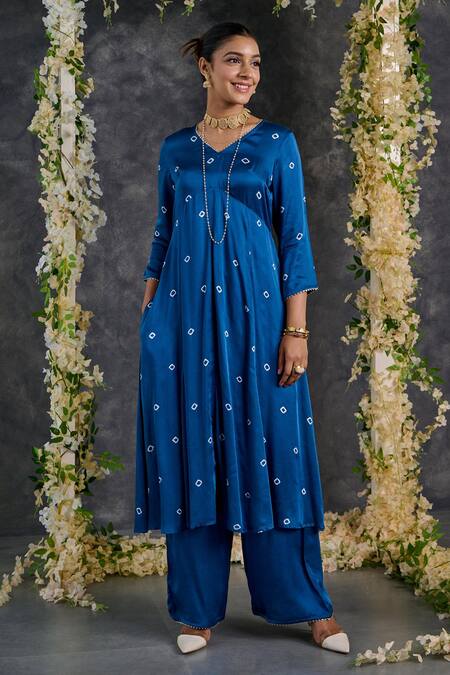 Gulaal_Blue Modal, Satin Gota Patti, Embroidery Bandhani Pattern Anarkali Pant Set_Online_at_Aza_Fashions