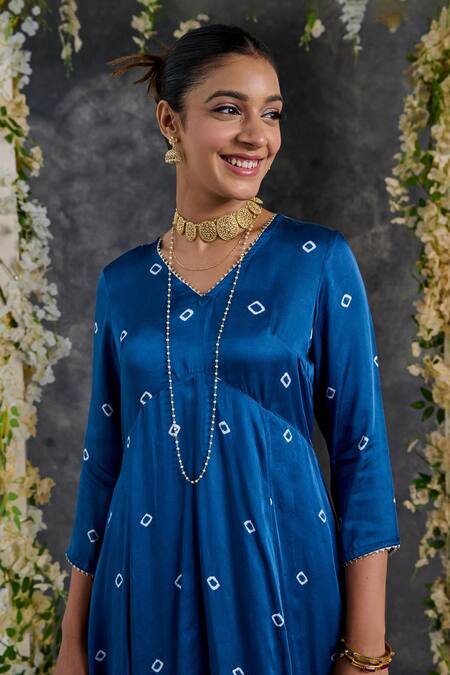 Buy_Gulaal_Blue Modal, Satin Gota Patti, Embroidery Bandhani Pattern Anarkali Pant Set_Online_at_Aza_Fashions