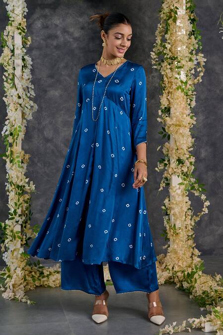 Shop_Gulaal_Blue Modal, Satin Gota Patti, Embroidery Bandhani Pattern Anarkali Pant Set_Online_at_Aza_Fashions