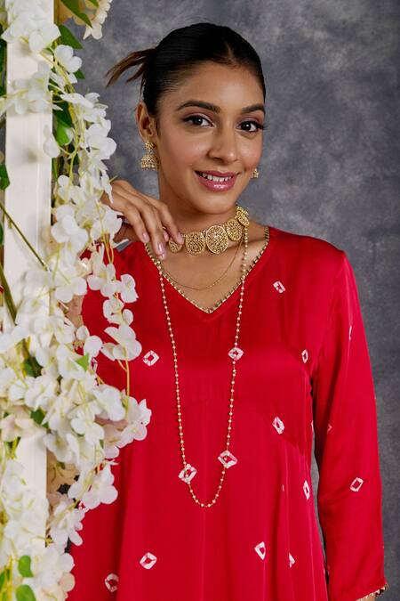 Gulaal_Red Modal, Satin Gota Patti V-neck Tie Dye Anarkali And Pant Set_Online_at_Aza_Fashions