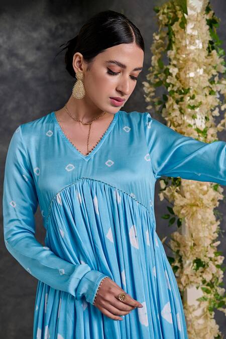 Gulaal_Blue Modal, Satin Gota Patti V-neck Bandhani Pattern Anarkali Pant Set_Online_at_Aza_Fashions