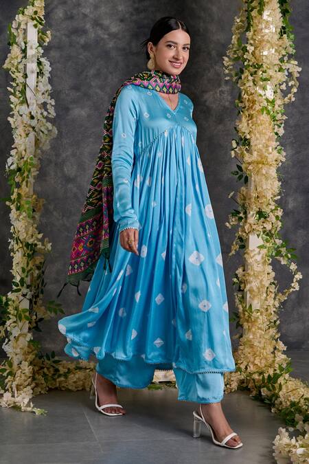 Buy_Gulaal_Blue Modal, Satin Gota Patti V-neck Bandhani Pattern Anarkali Pant Set_Online_at_Aza_Fashions