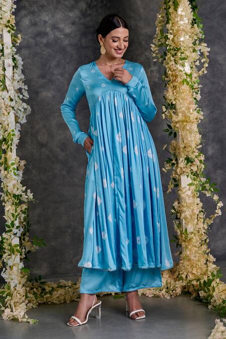 Shop_Gulaal_Blue Modal, Satin Gota Patti V-neck Bandhani Pattern Anarkali Pant Set_Online_at_Aza_Fashions