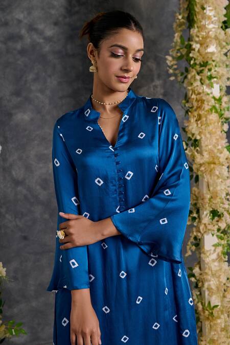 Gulaal_Blue Modal, Satin Embroidery Mandarin Collar Bandhani A Line Kurta With Pant_Online_at_Aza_Fashions