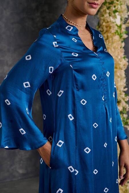 Buy_Gulaal_Blue Modal, Satin Embroidery Mandarin Collar Bandhani A Line Kurta With Pant_Online_at_Aza_Fashions