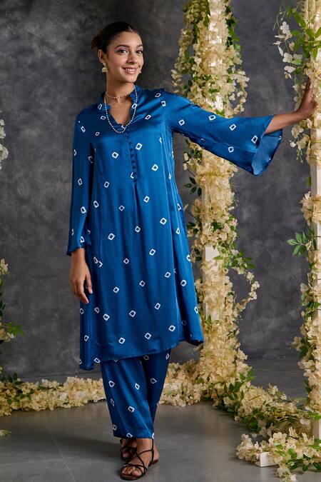 Shop_Gulaal_Blue Modal, Satin Embroidery Mandarin Collar Bandhani A Line Kurta With Pant_Online_at_Aza_Fashions