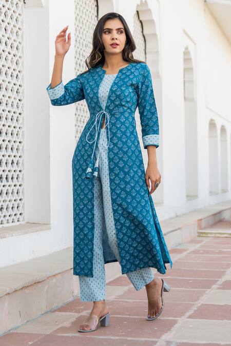 Kohsh_Blue Cotton Tassels, Embroidery Open Neck, Round Handblock Print Jacket Top Set_Online_at_Aza_Fashions