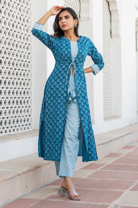 Buy_Kohsh_Blue Cotton Tassels, Embroidery Open Neck, Round Handblock Print Jacket Top Set_Online_at_Aza_Fashions