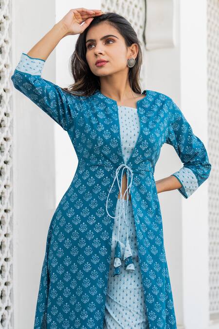 Shop_Kohsh_Blue Cotton Tassels, Embroidery Open Neck, Round Handblock Print Jacket Top Set_Online_at_Aza_Fashions